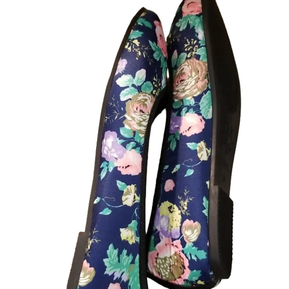 Navy Floral Ballet Flats Round Toe Cottagecore Slip On Shoes - Picture 5 of 8